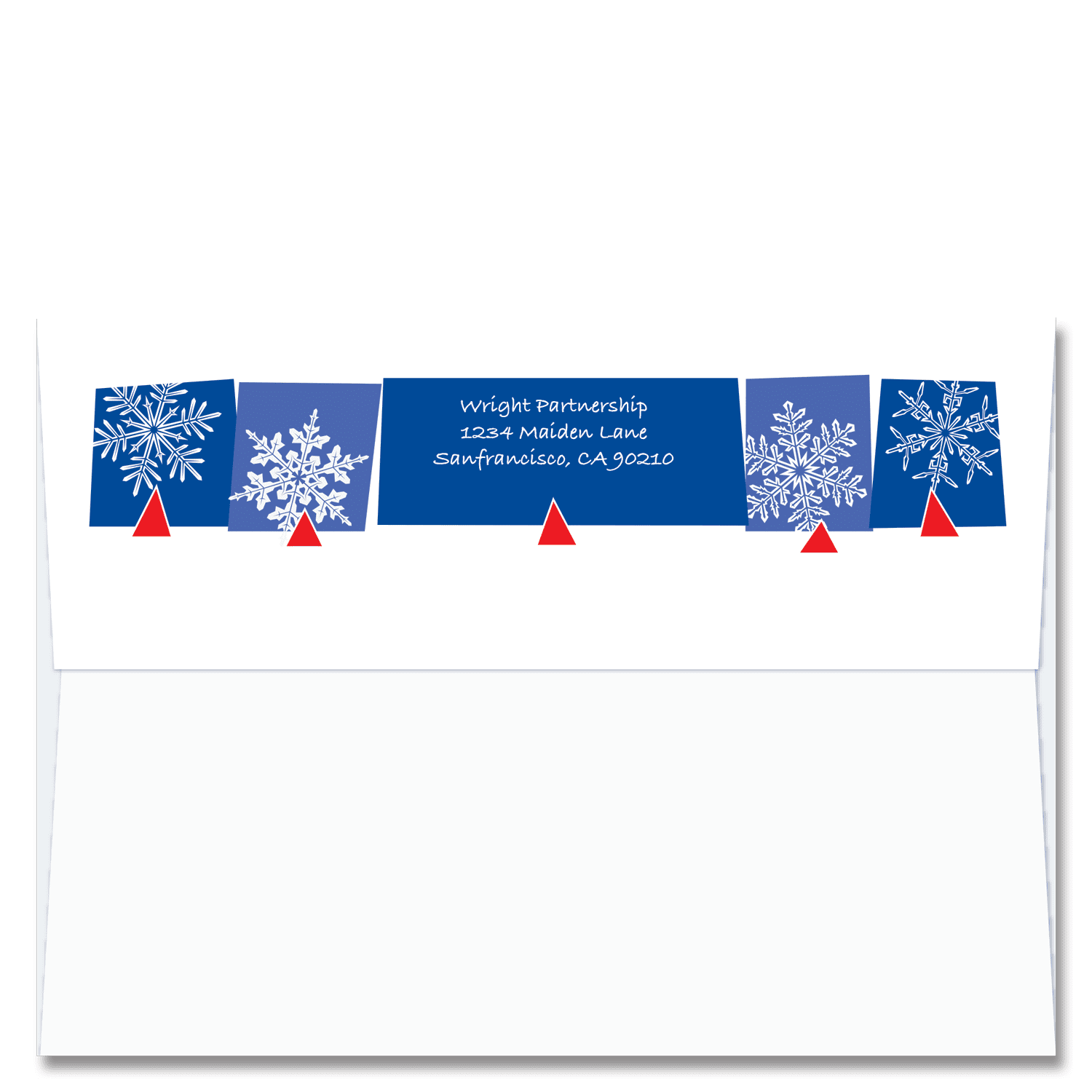 Custom design self-sealing FlapArt envelope with white snowflakes on a bright blue background and printed with your return address.