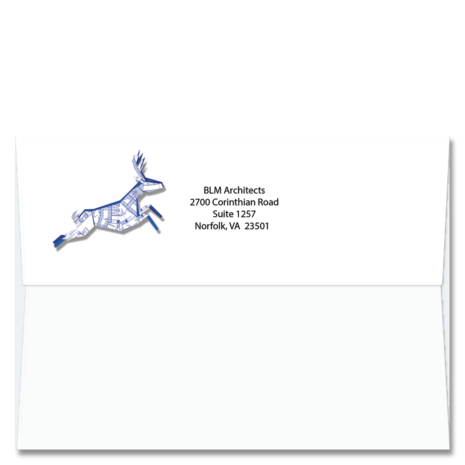 Custom design self-sealing FlapArt envelope with blueprint origami reindeer and printed with your return address.