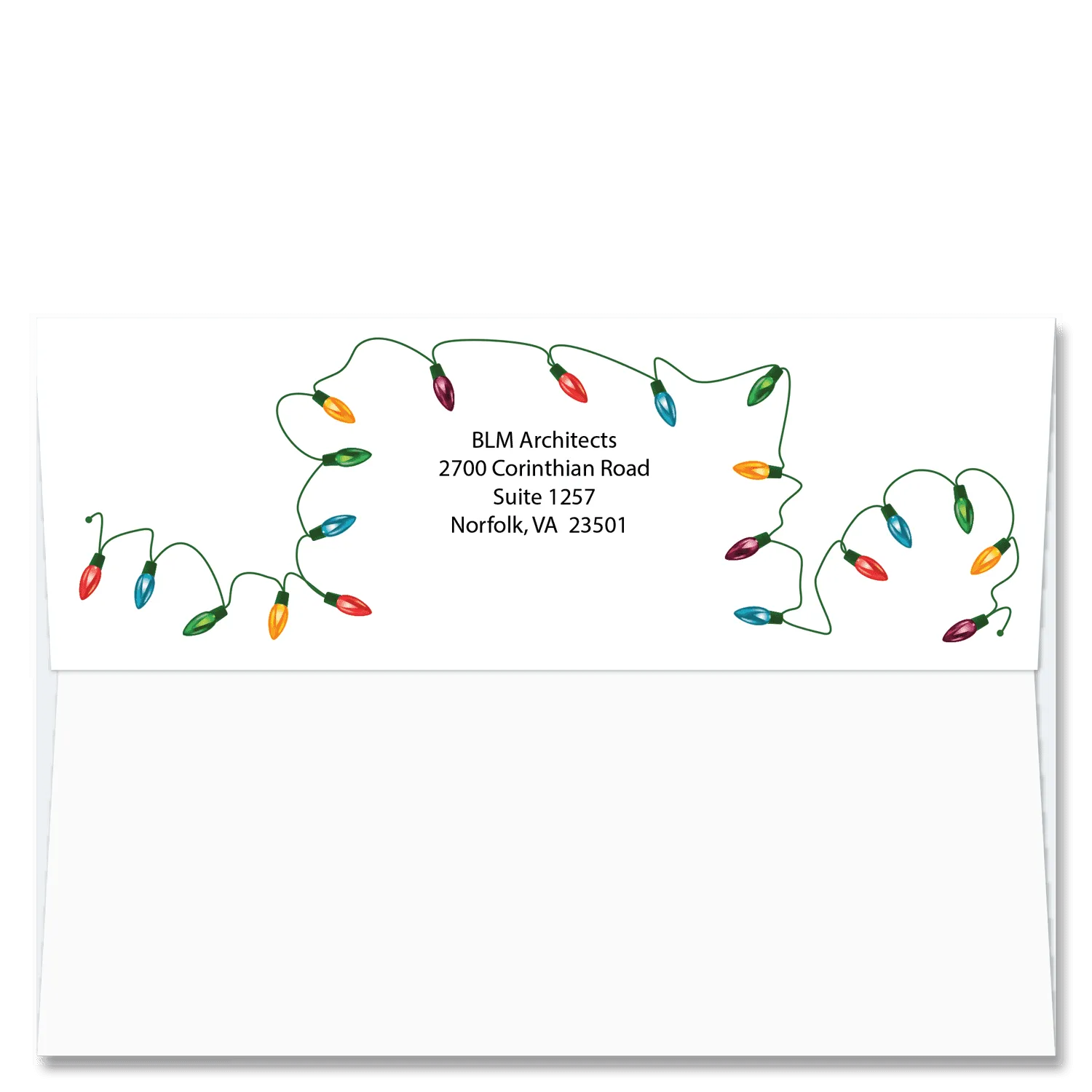 Cardphile's custom FlapArt envelope design with a strand of colorful traditional Christmas lights framing your return address