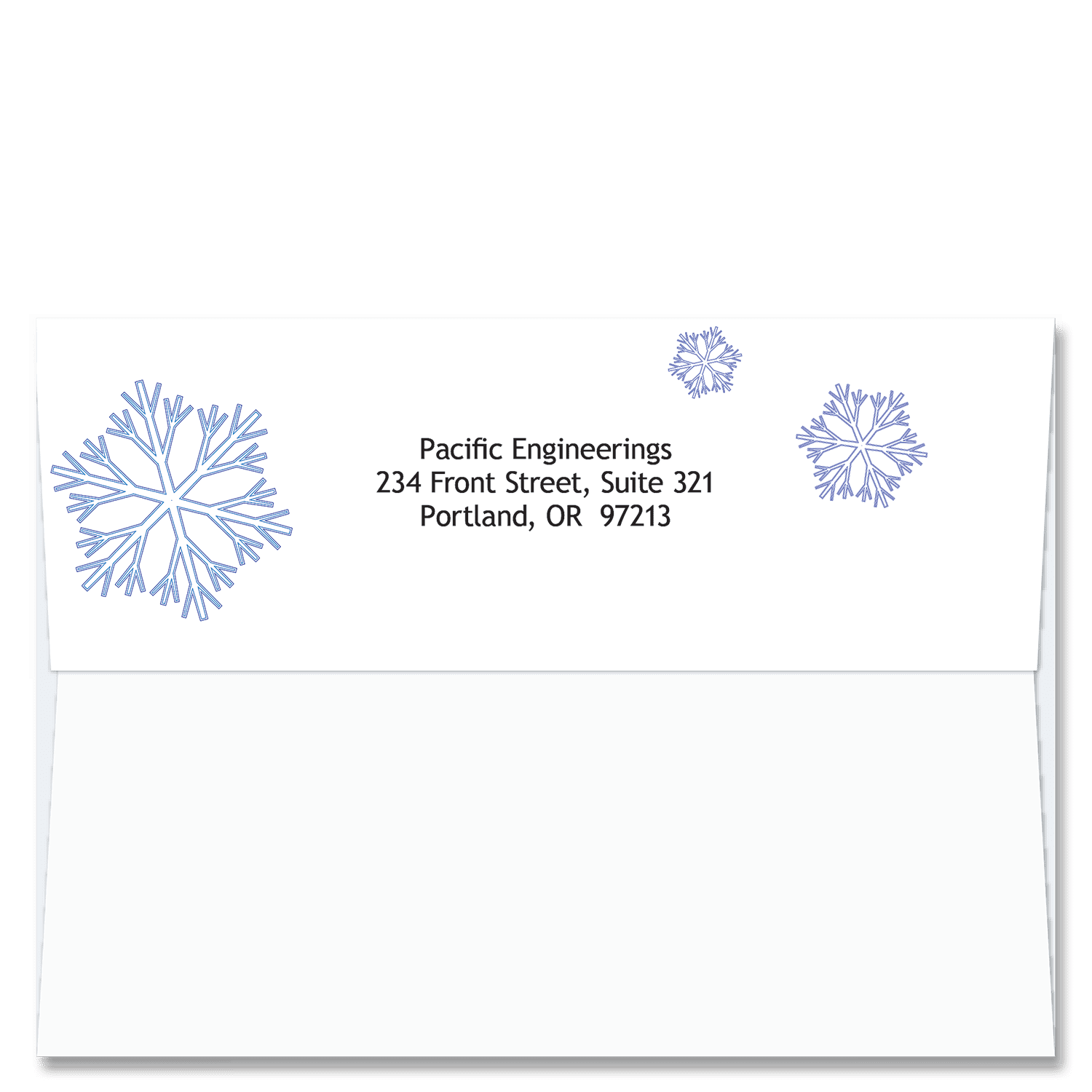 Custom design self-sealing FlapArt envelope with three blue abstract snowflake crystals and printed with your return address.