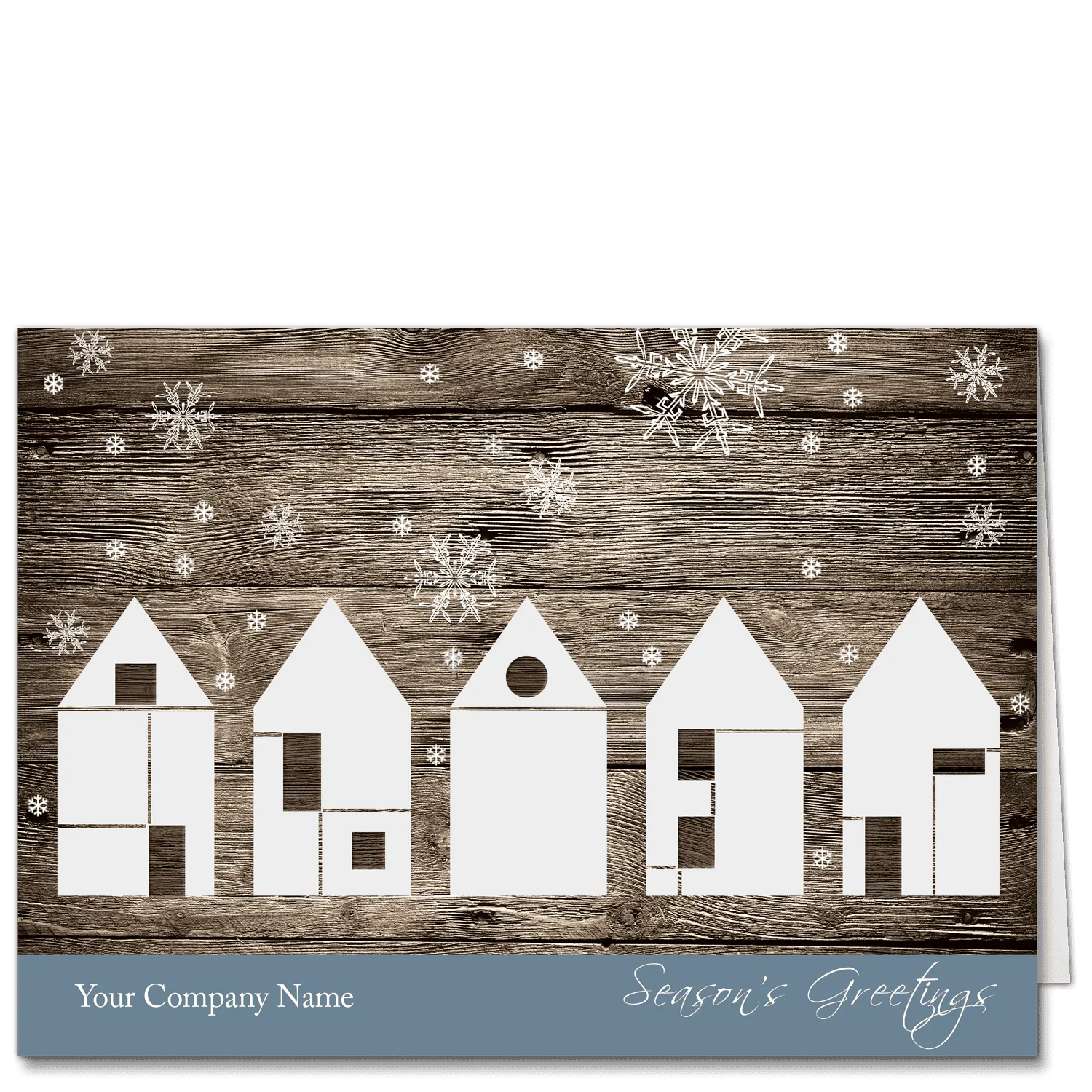 Holiday Card with five abstract white houses on a barn wood background, snowflakes and features your company name and greeting on the card front.