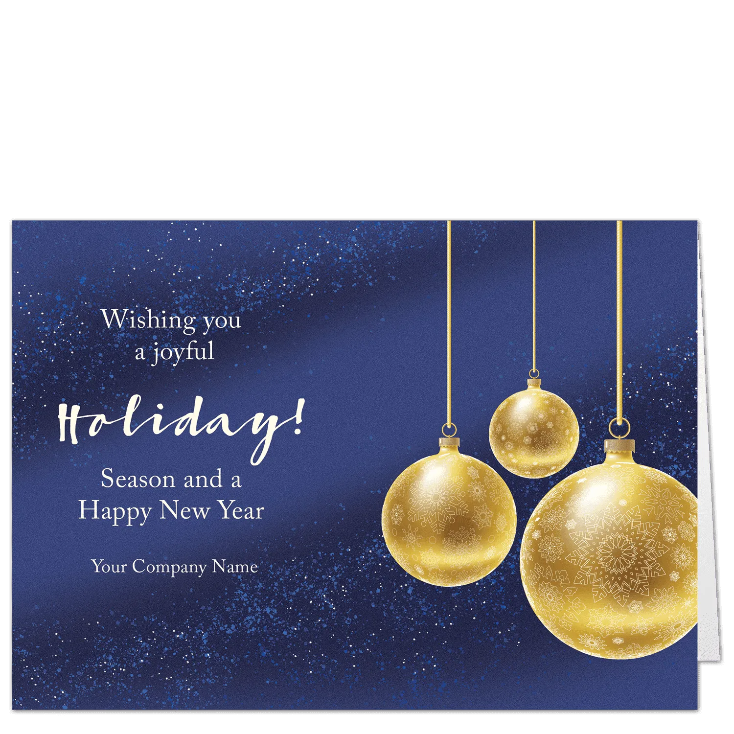 Three golden Christmas ornaments adorn the front of this elegant corporate Christmas card you can edit online.