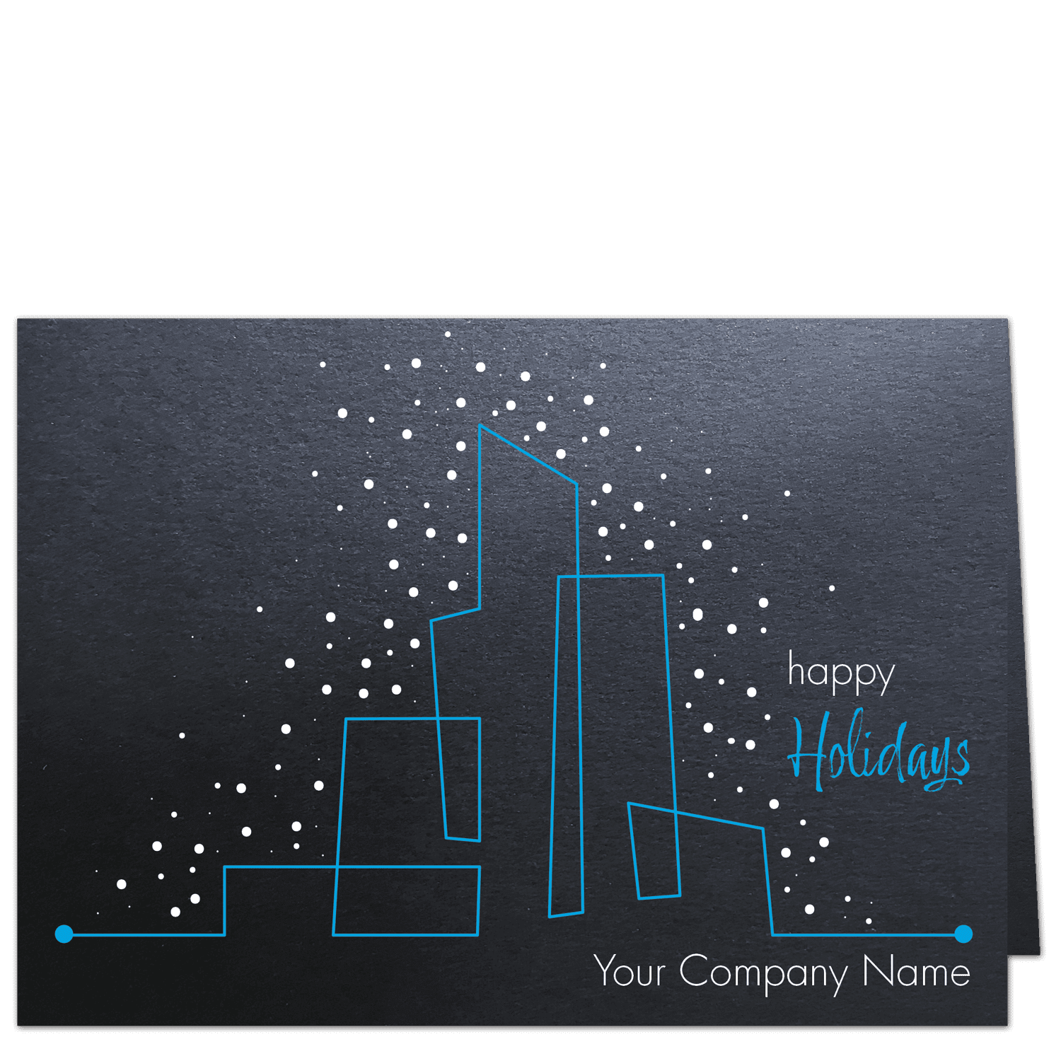 Corporate holiday cards with bright cyan city outline and white dot snowflakes on shimmery black card stock featuring your company name on the front.