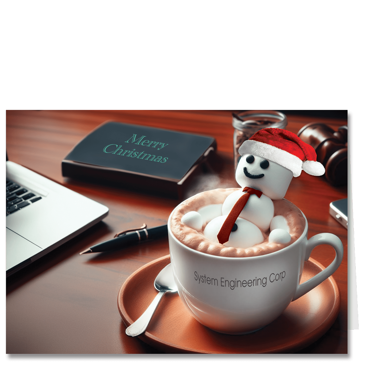 Merry Christmas cards for business featuring an executive desk with adorable marshmallow snowman in a cup of cocoa. He is wearing a Santa Hat.