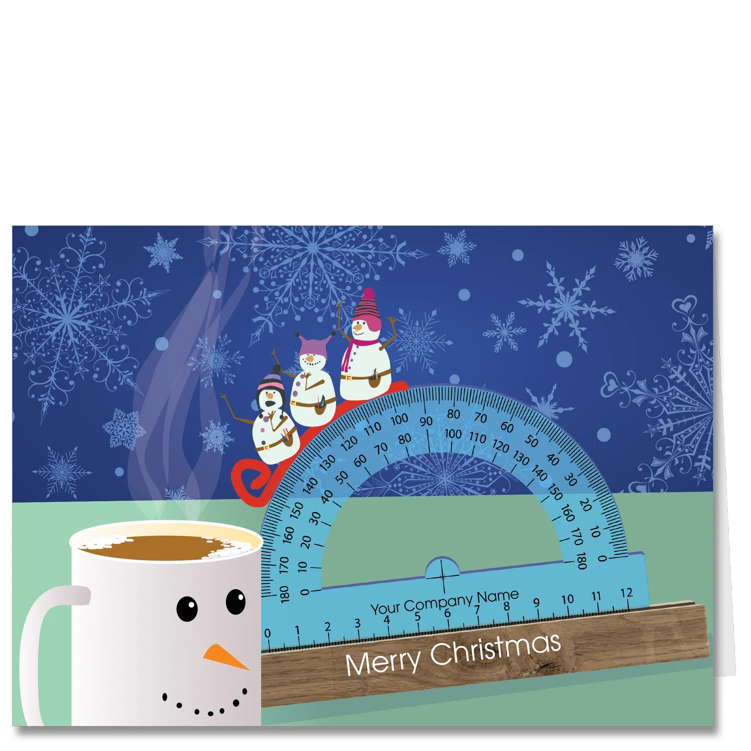 Architect holiday card with three adorable snowmen wearing Canadian style touques sliding off of a protractor into a cup of cocoa - oh no, off we go!