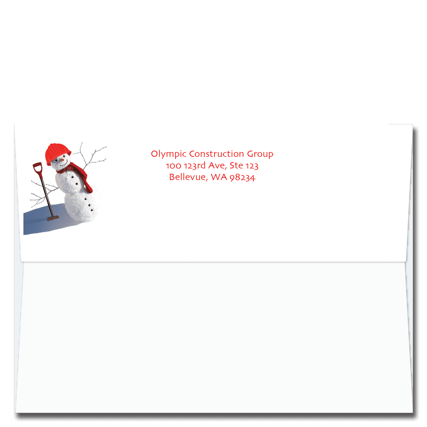 Cardphile's exclusive FlapArt™ self sealing Christmas card envelope design featuring a jaunty snowman wearing a red hard hat and holding a shovel.