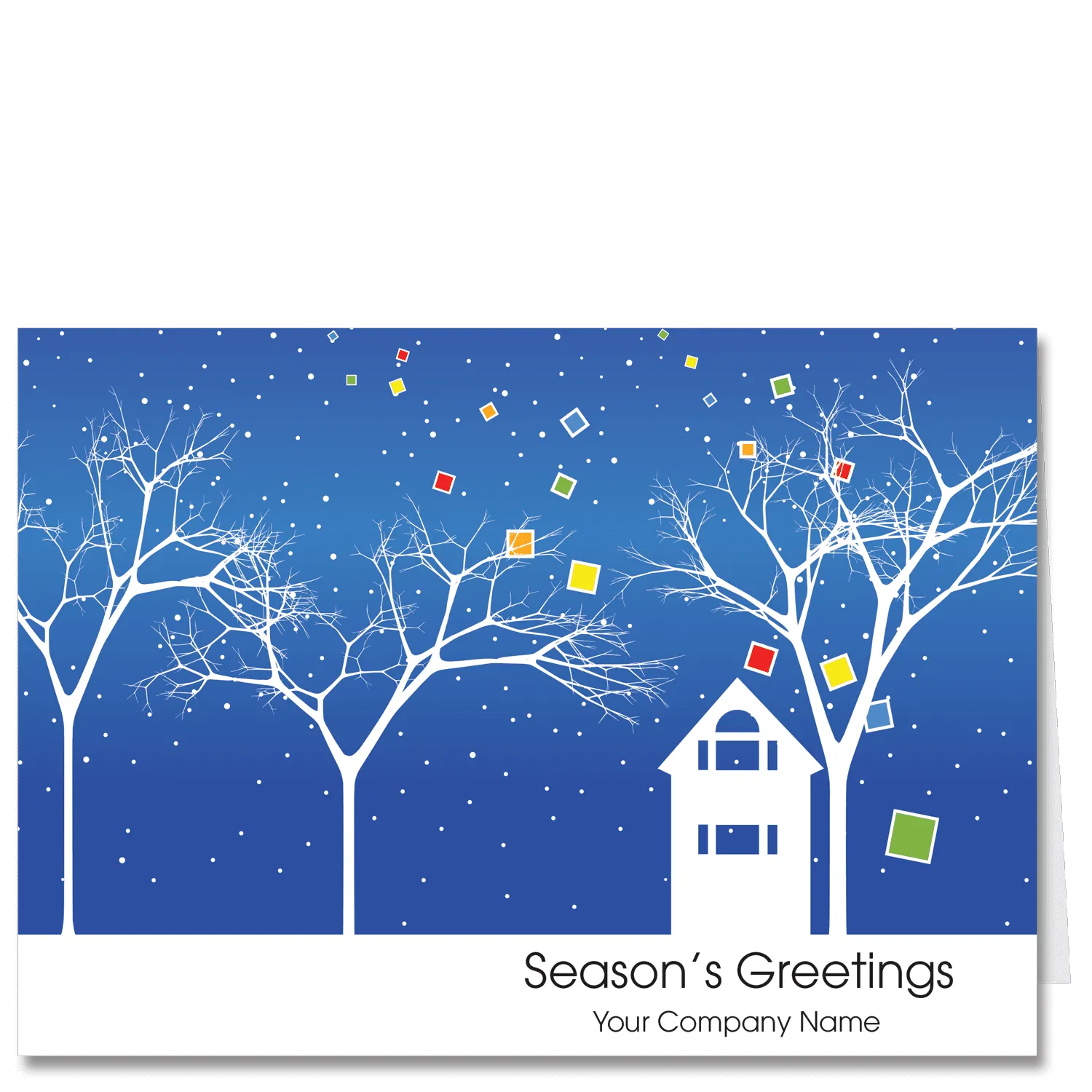 Christmas cards for architects featuring the silhouette of a single family house and 3 white trees on a bright blue sky filled with white dot snowflakes. You company name and choice of holiday greeting on the card front.