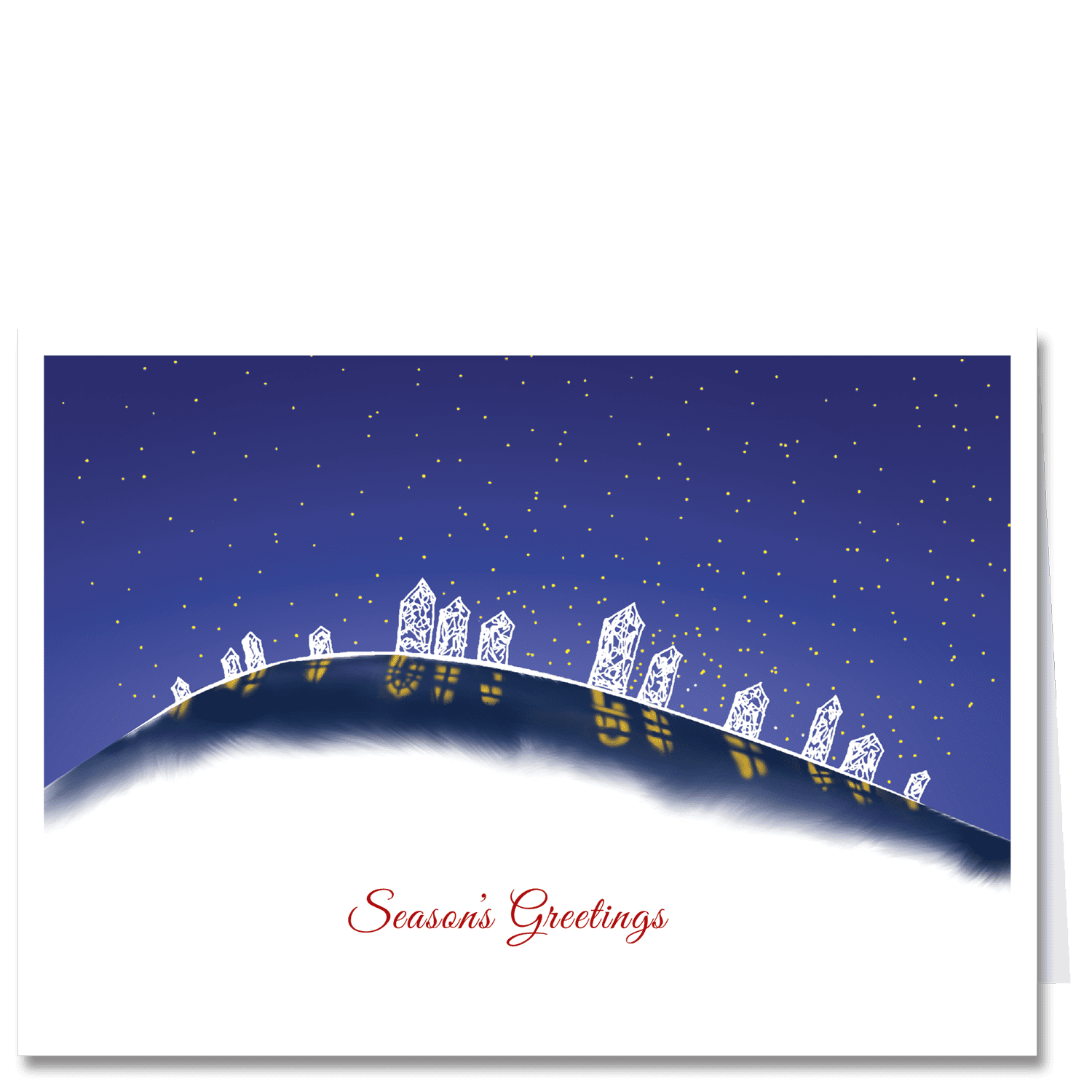 Doodly drawings of little house in white following the curvature of the earth and are set against a deep blue night sky with stars. Seasons Greetings in red on the snowfield below.