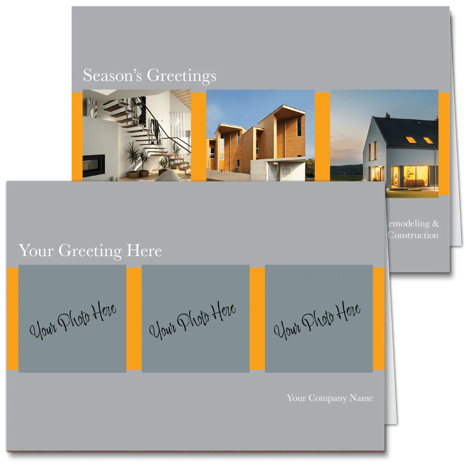 Business photo Christmas cards allows you to upload your own images of projects or people in 3 sections of this design. A grey border at top and bottom includes your greeting and company name, while the images are separated by vertical orange bands.