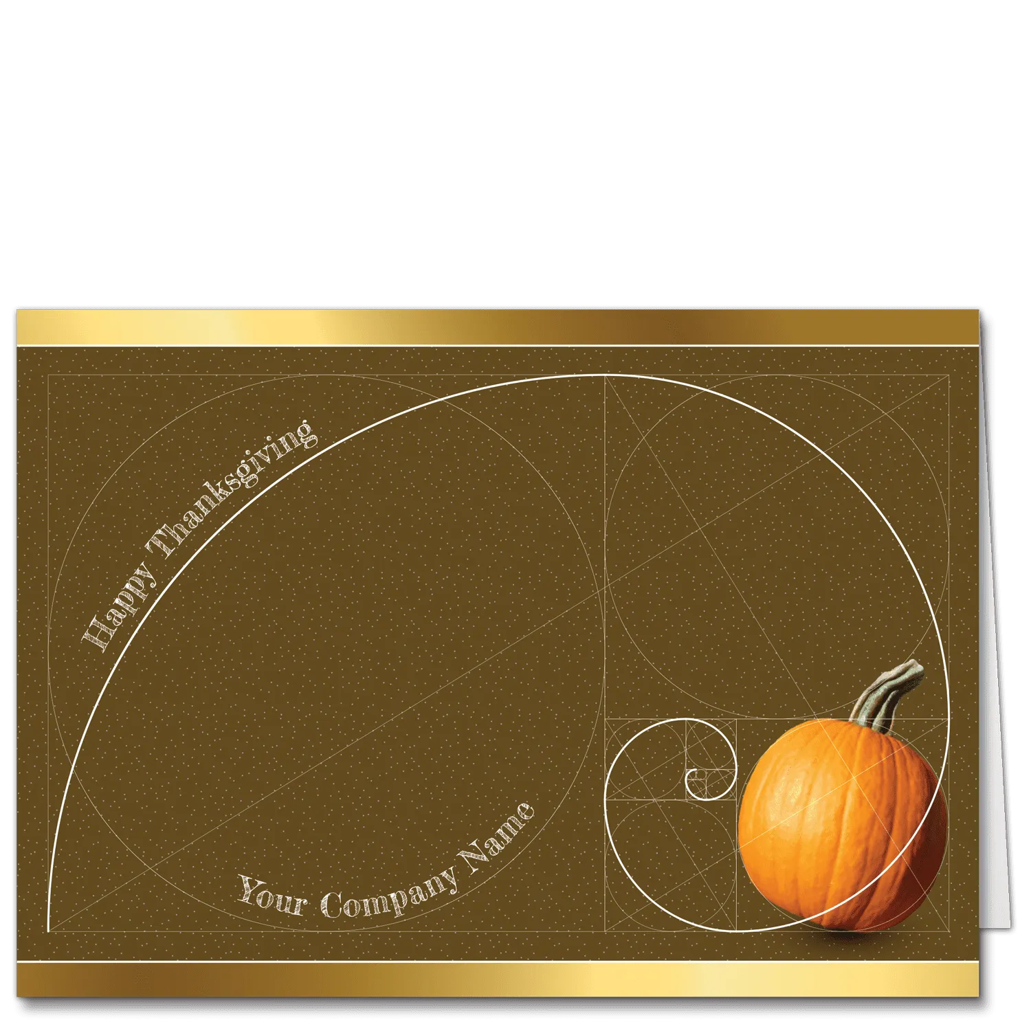 This elegant company Thanksgiving card features your company name on the front and a delineated Fibonacci spiral in white on a rust background. It ends in a bright orange pumpkin.