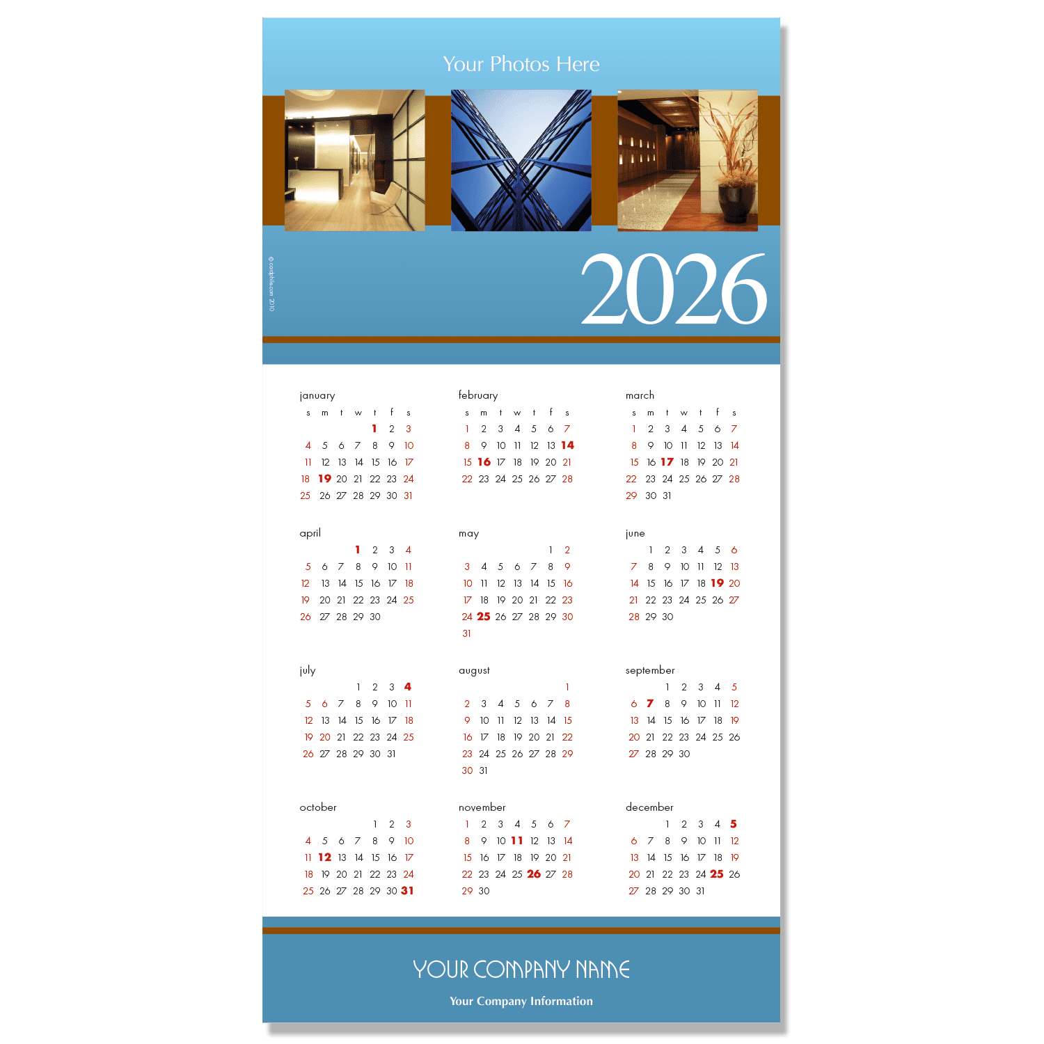 This fresh sky blue colored background borders your own uploaded images to create an impressive calendar greeting card with your company name on the bottom.