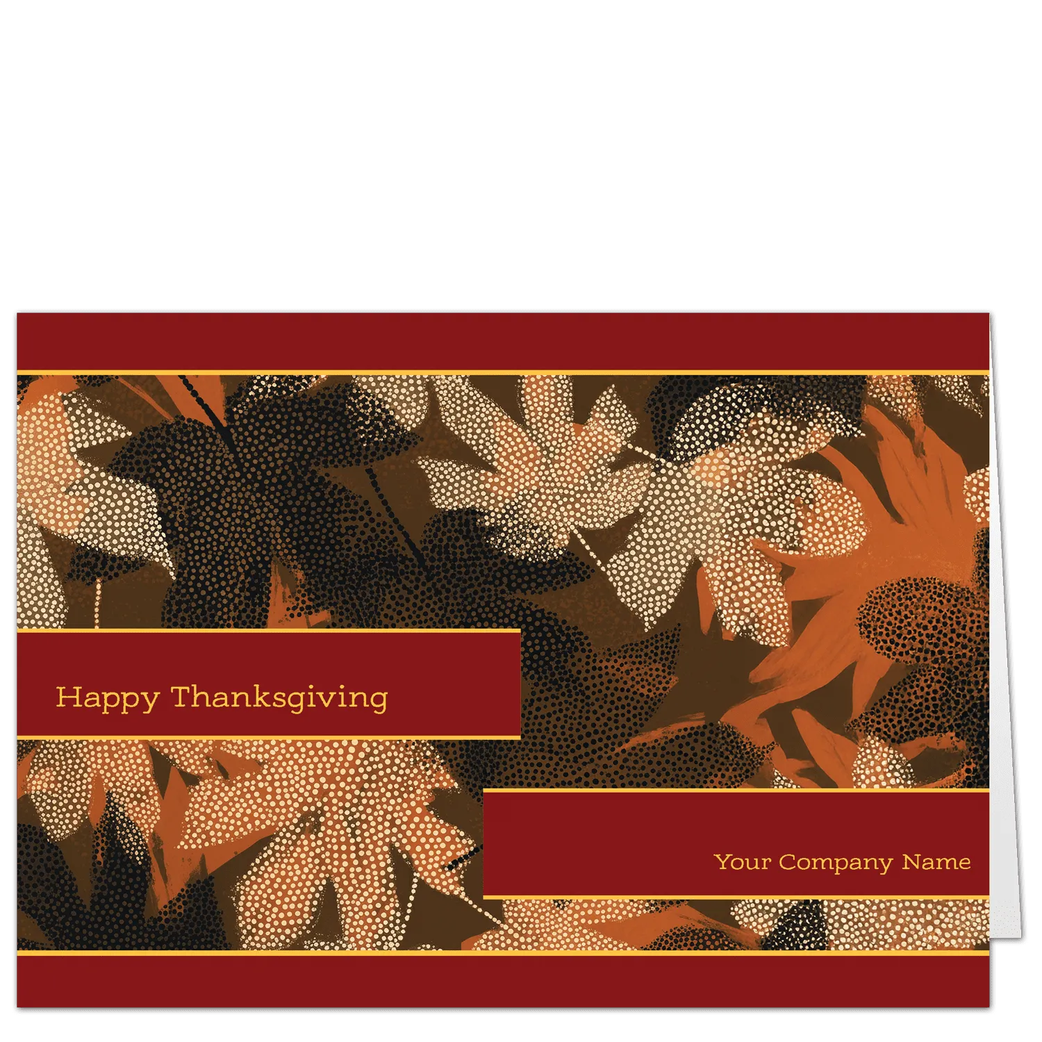A Business Thanksgiving cards design from Cardphile with autumn leaves in warm tones and a stippled texture. Happy Thanksgiving is written on the front along with your company name.