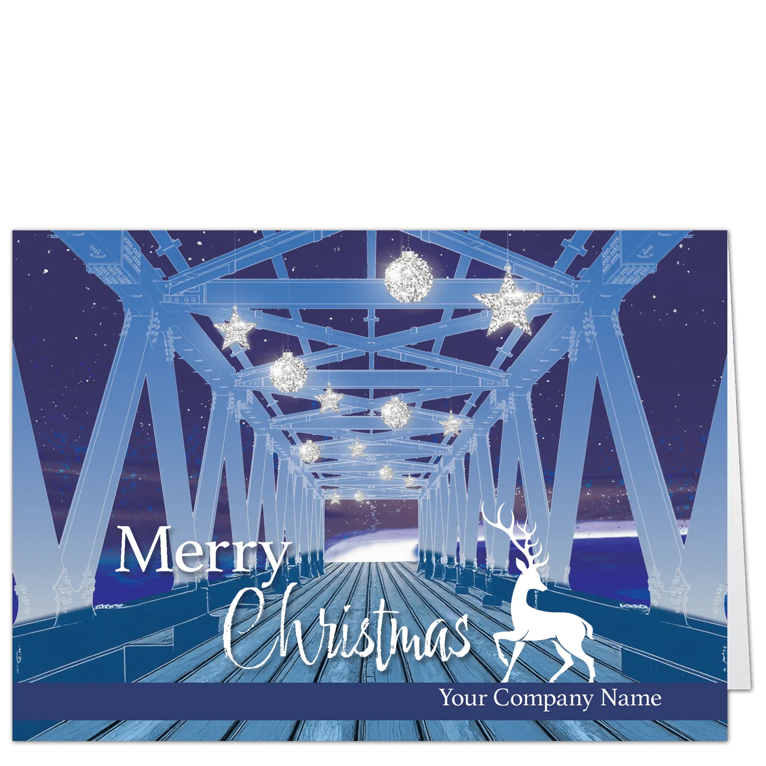 Engineering Christmas cards depict a stylized white reindeer standing at the entrance to a vintage warren truss bridge and features your company name on the front and your choice of holiday greeting.