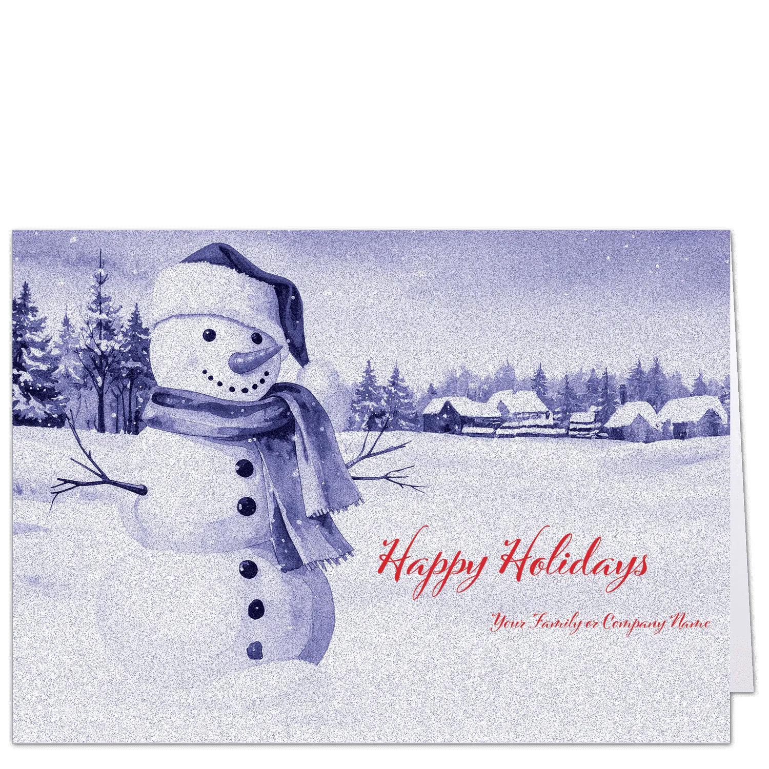 This personalized Christmas card features a jaunty snowman in front of a snowy farm scene. The style is very retro including the fonts for your family or company name as well as the monotone purplish indigo hues.