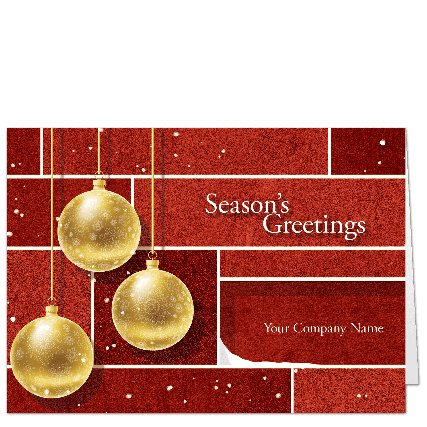 These holiday cards for business feature three gold ornaments with patterns set against a rich brick red backdrop of stylized stones. Your company name is on the front.