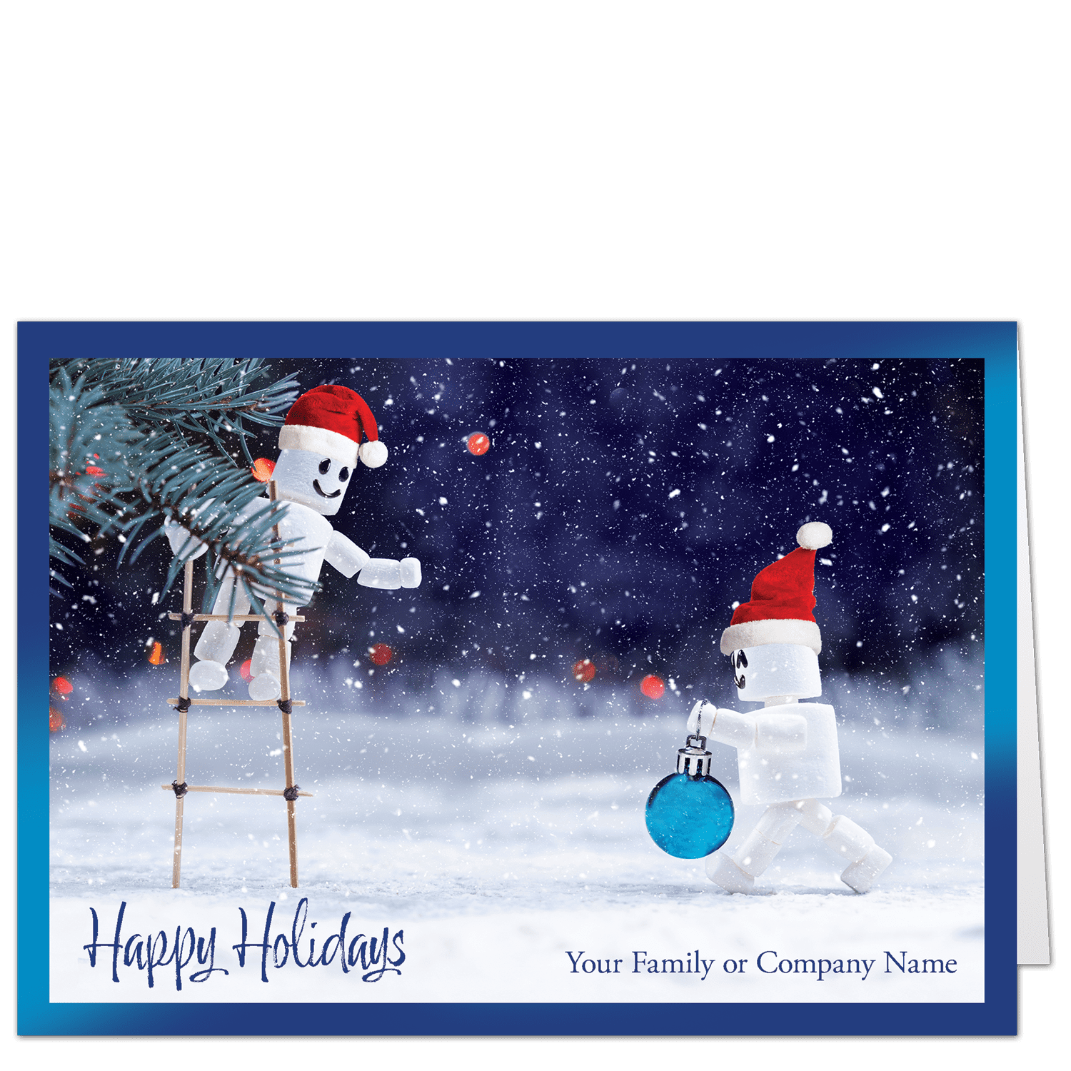 These personalized Christmas cards show 2 little marshmallow people in Santa hats decorating a Christmas tree. Your family or company name on the card front can be edited online for free.