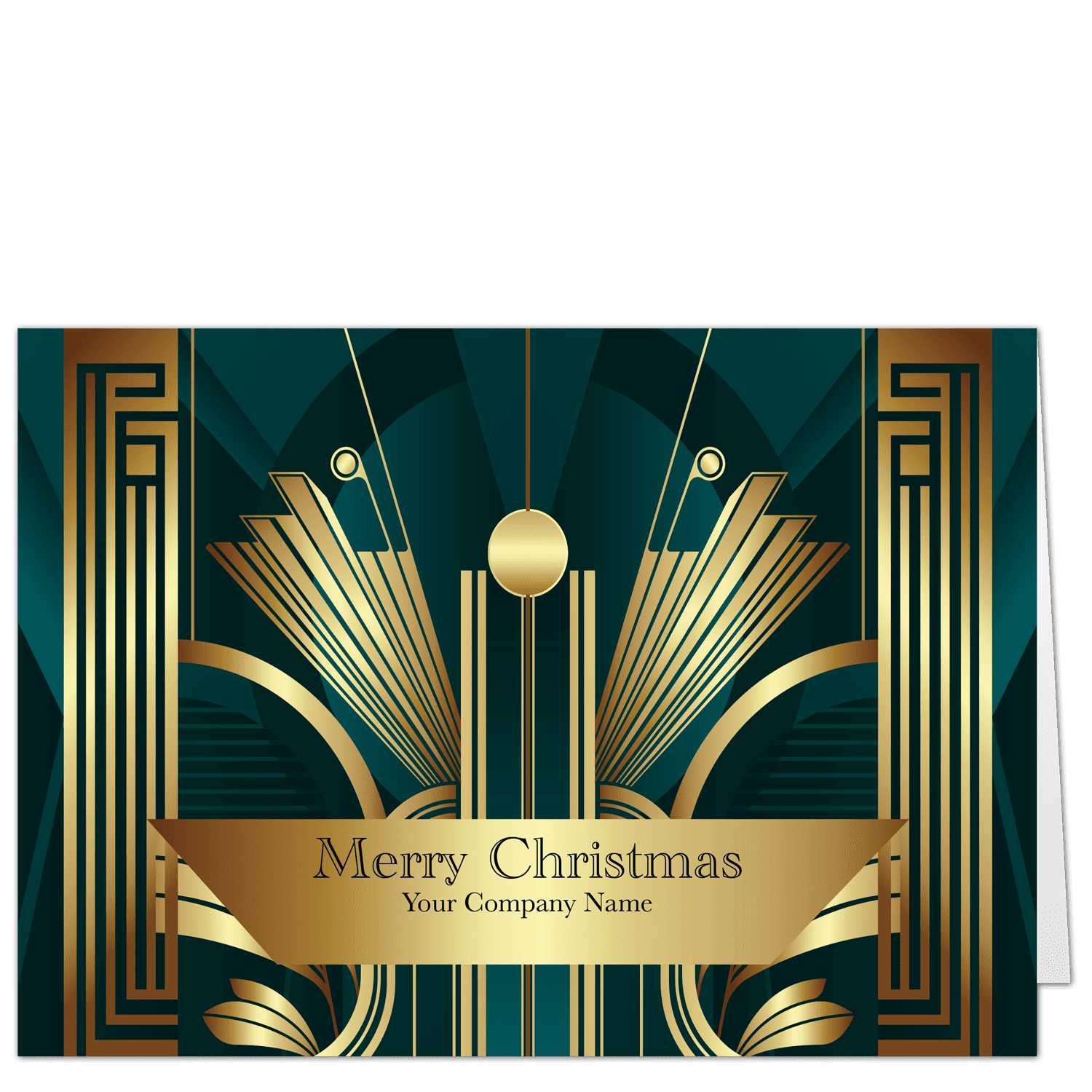 Custom corporate holiday cards with an elegant art deco style entry in gold hues against a rich deep green background. Your choice of holiday greeting and company name are printed on the front of the card.