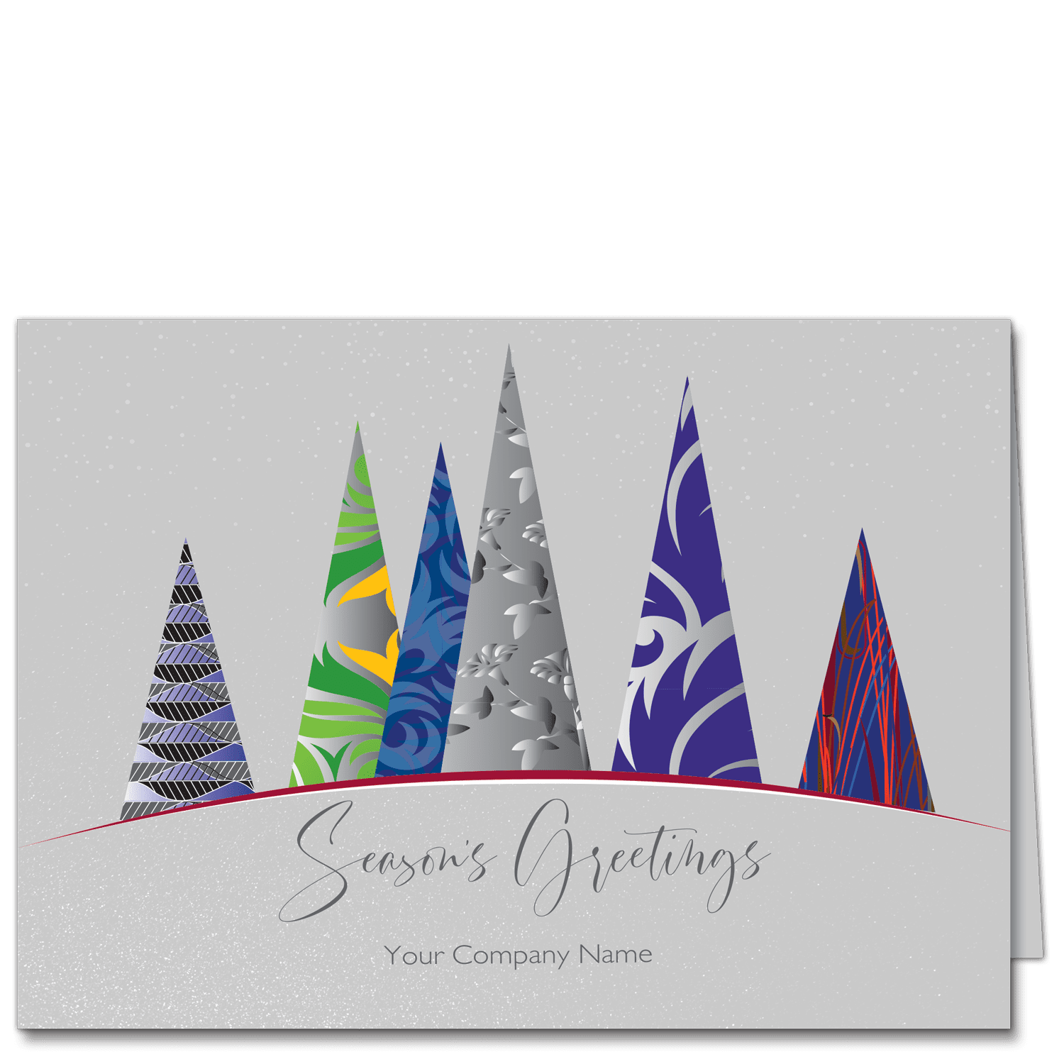 These Christmas cards for business are personalized with your company name and choice of greeting on our exclusive shimmery silver card stock. Six abstractly patterned and brightly colored Christmas trees float on the horizon.