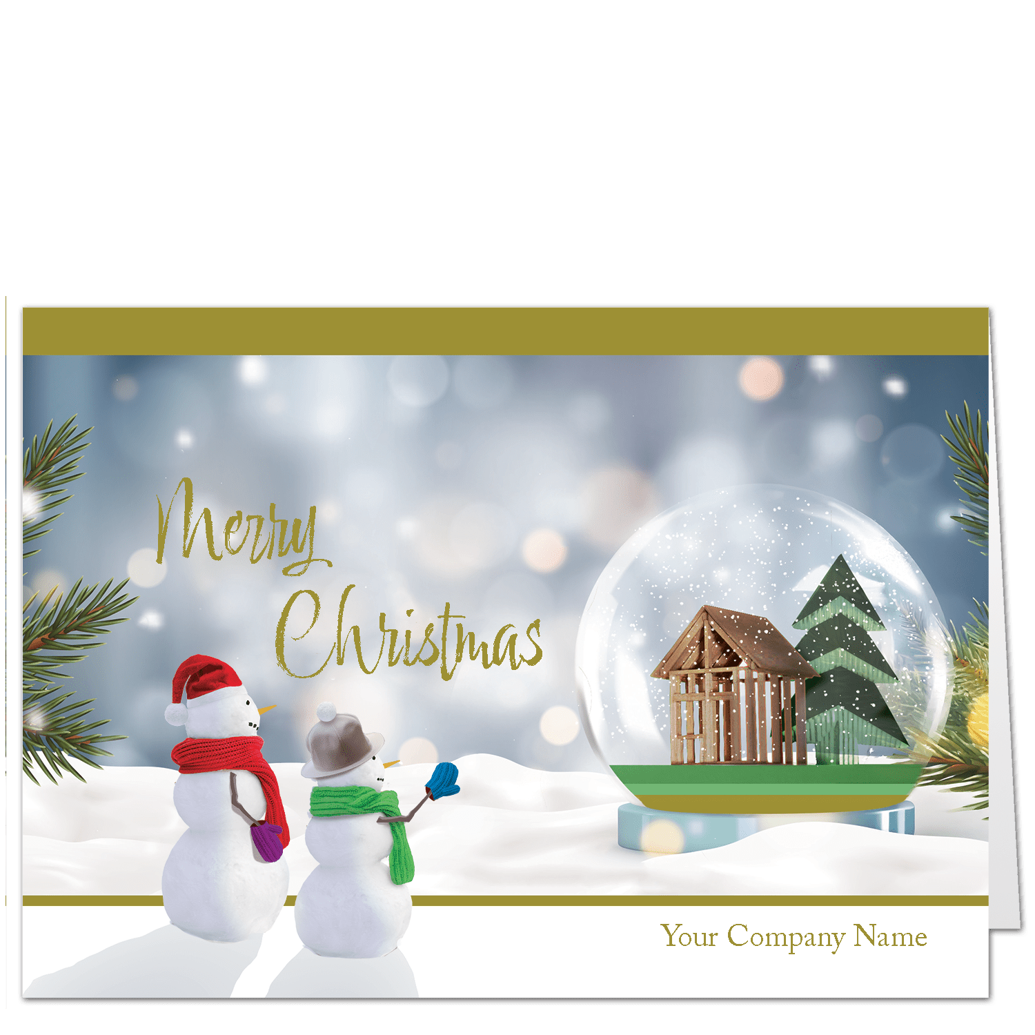 Personalized business holiday cards with two cheery snowmen wearing scarves and mittens waving at a stick frame house and tree inside a snow dome. Your company name is printed on the card front.