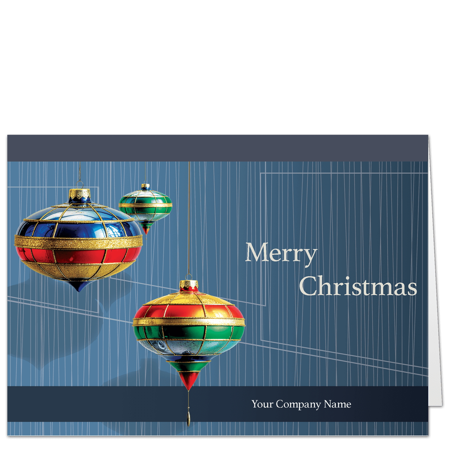 These corporate Christmas cards have three oddly shaped mid century style ornaments in front of a blue background. Your company name and choice of holiday greeting is on the card front.