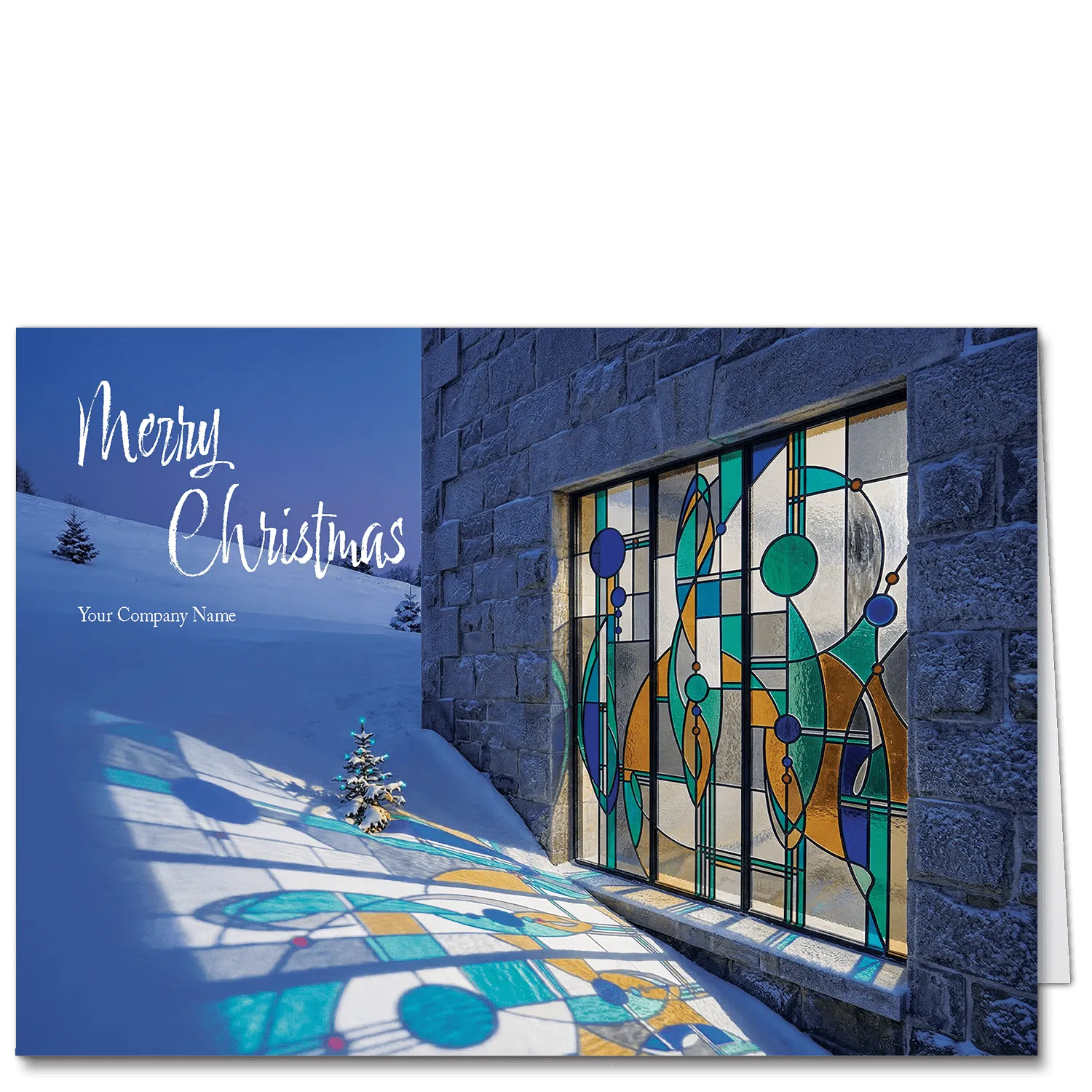 Elegant corporate holiday cards depicting light shining through and art nouveau stained glass window and on to a fresh bank of snow. Your company name and selection of greeting is on the card front.
