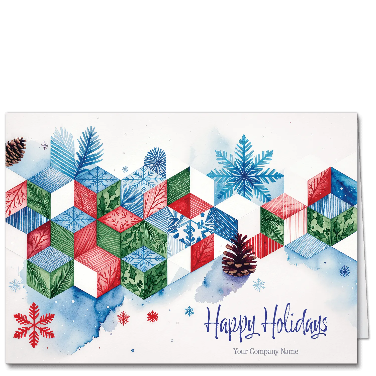 Personalized business holiday cards with abstract cubes embellished with winter scene elements in colors of red, blue and green. Your choice of holiday greeting and your company name are printed on the front.