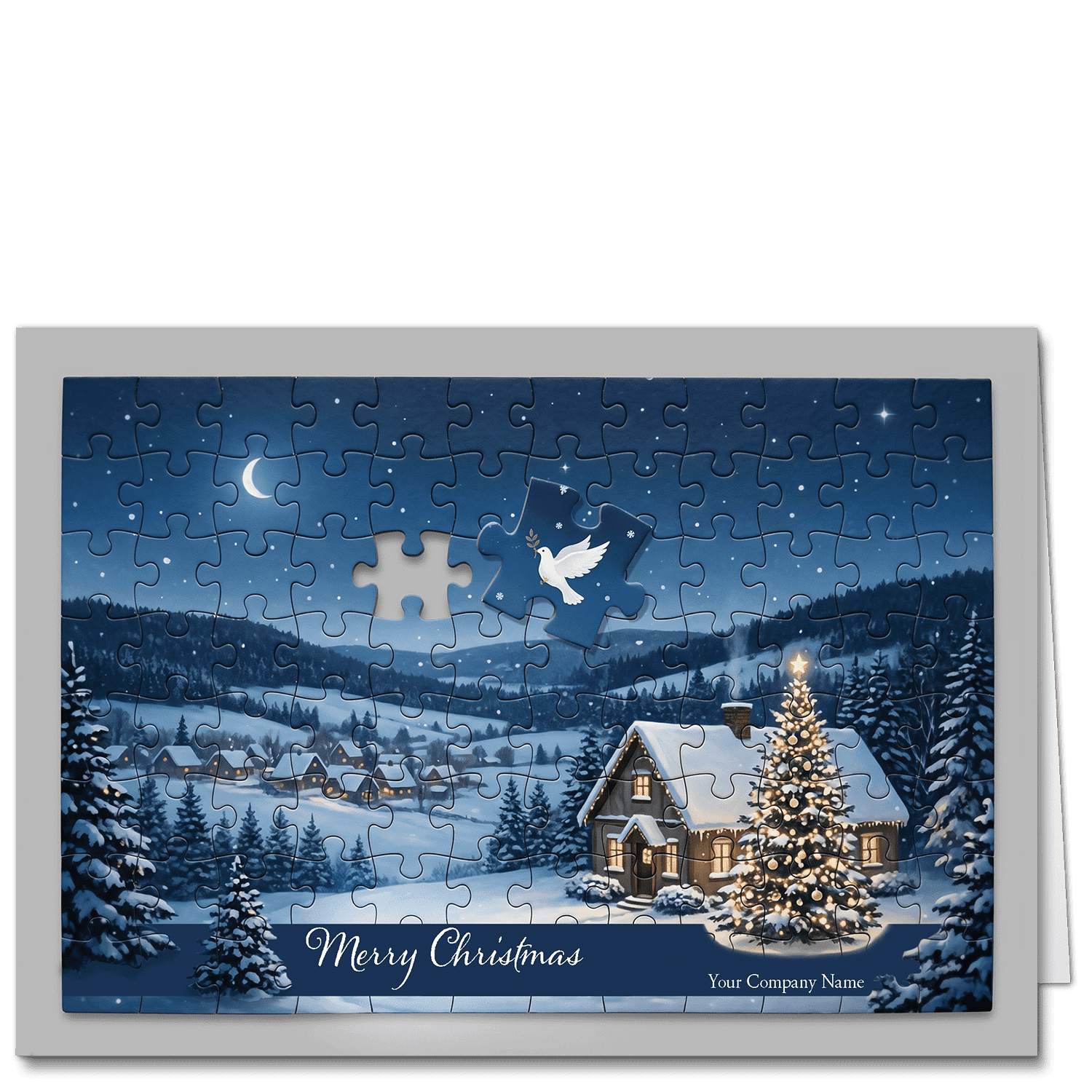These custom business Christmas cards feature a snowy winter landscape in a jigsaw puzzle pattern, and in the sky is a missing puzzle piece with a white dove and olive twig. Your company name and choice of greeting is printed on the front.