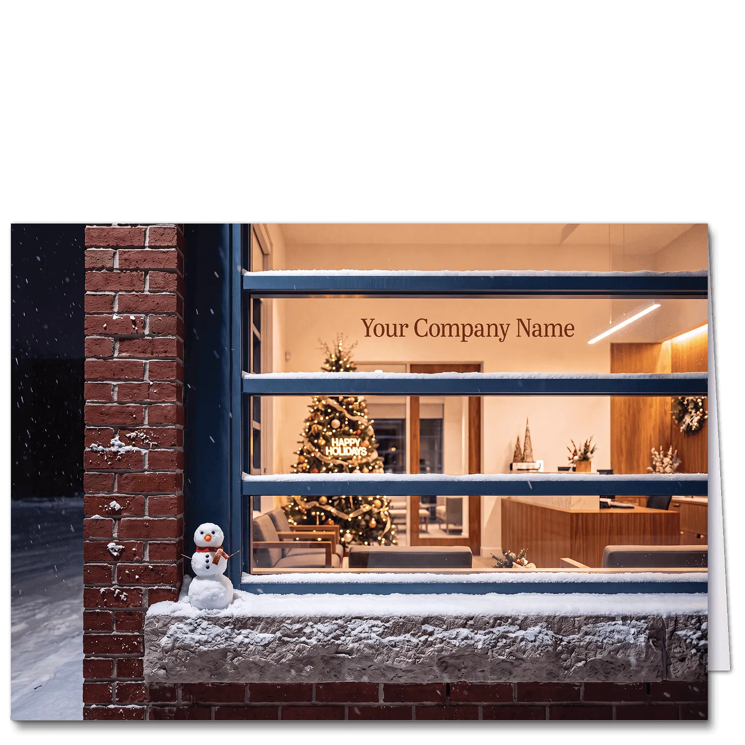 An architecture Christmas card that allows you to peek into the office at night. Your company name is featured in the office window and an adorable little snowman sits on the window ledge outside.