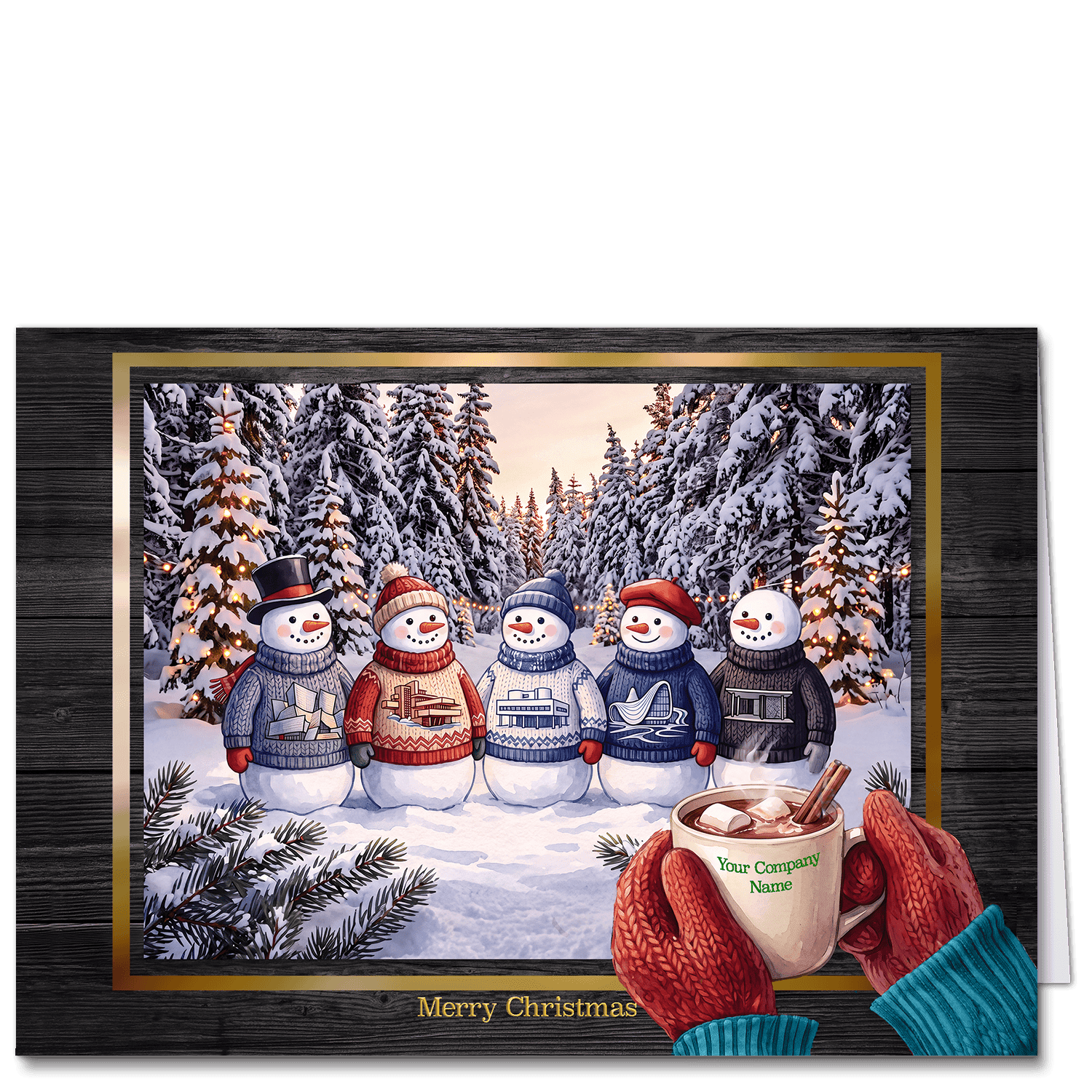 Architecture Christmas cards featuring five famous modern architects as snowmen signified by the buildings on their sweaters. Your company name is printed on the mug in front of this winter scene.