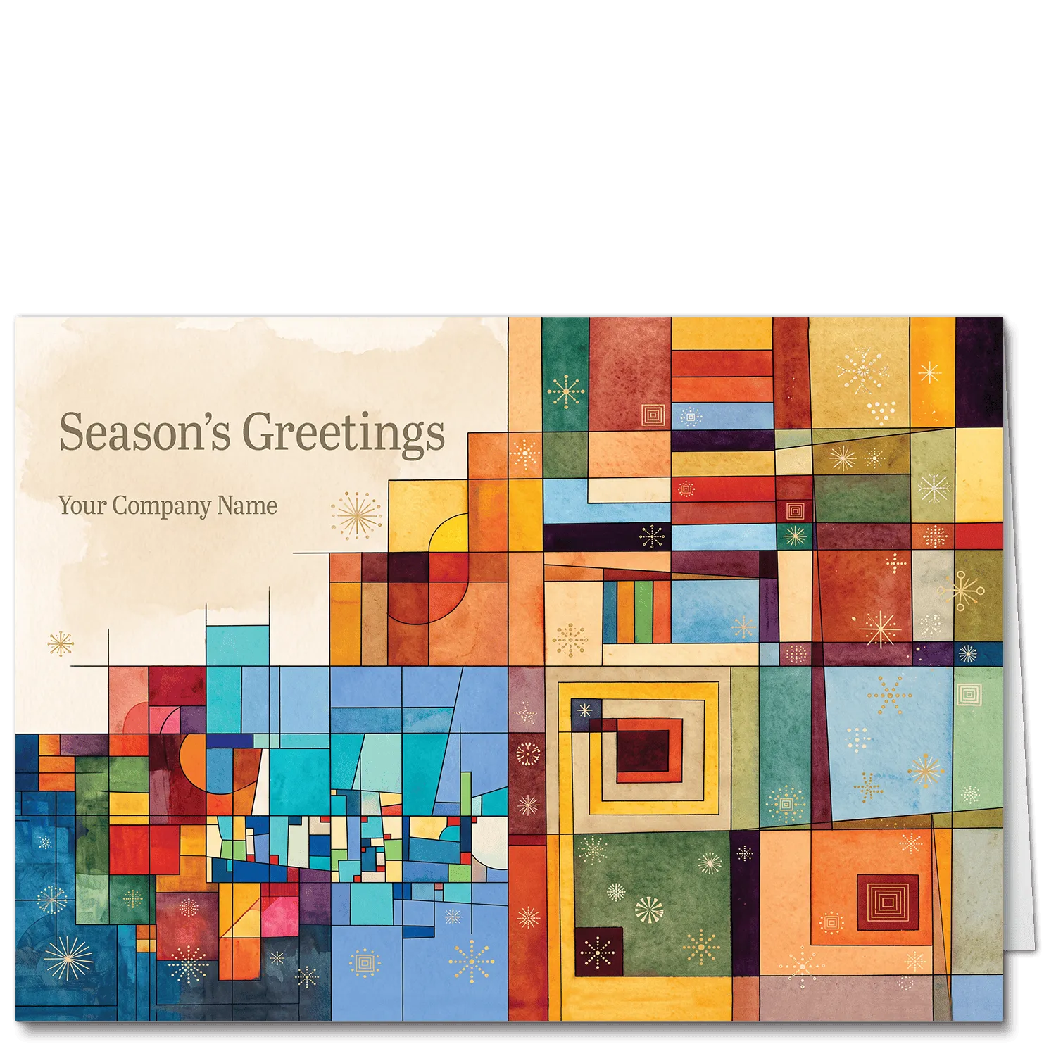 Custom corporate holiday cards with brightly colored cubist patterns inclue your company name and holiday greeting selection in the upper left.