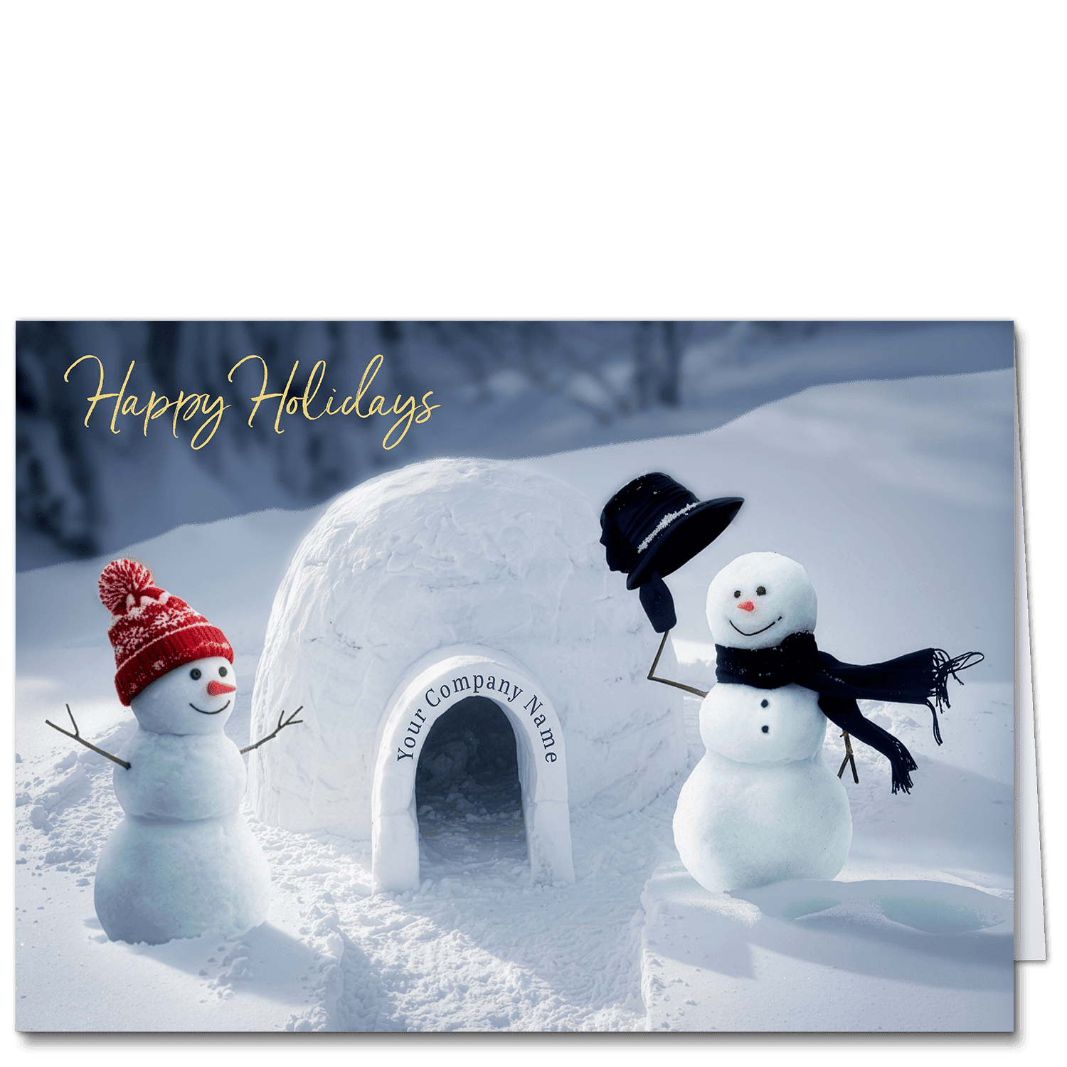 These company Christmas cards feature tow adorable snowmen inviting you to enter their igloo home. Your company name is featured on the opening of the igloo.