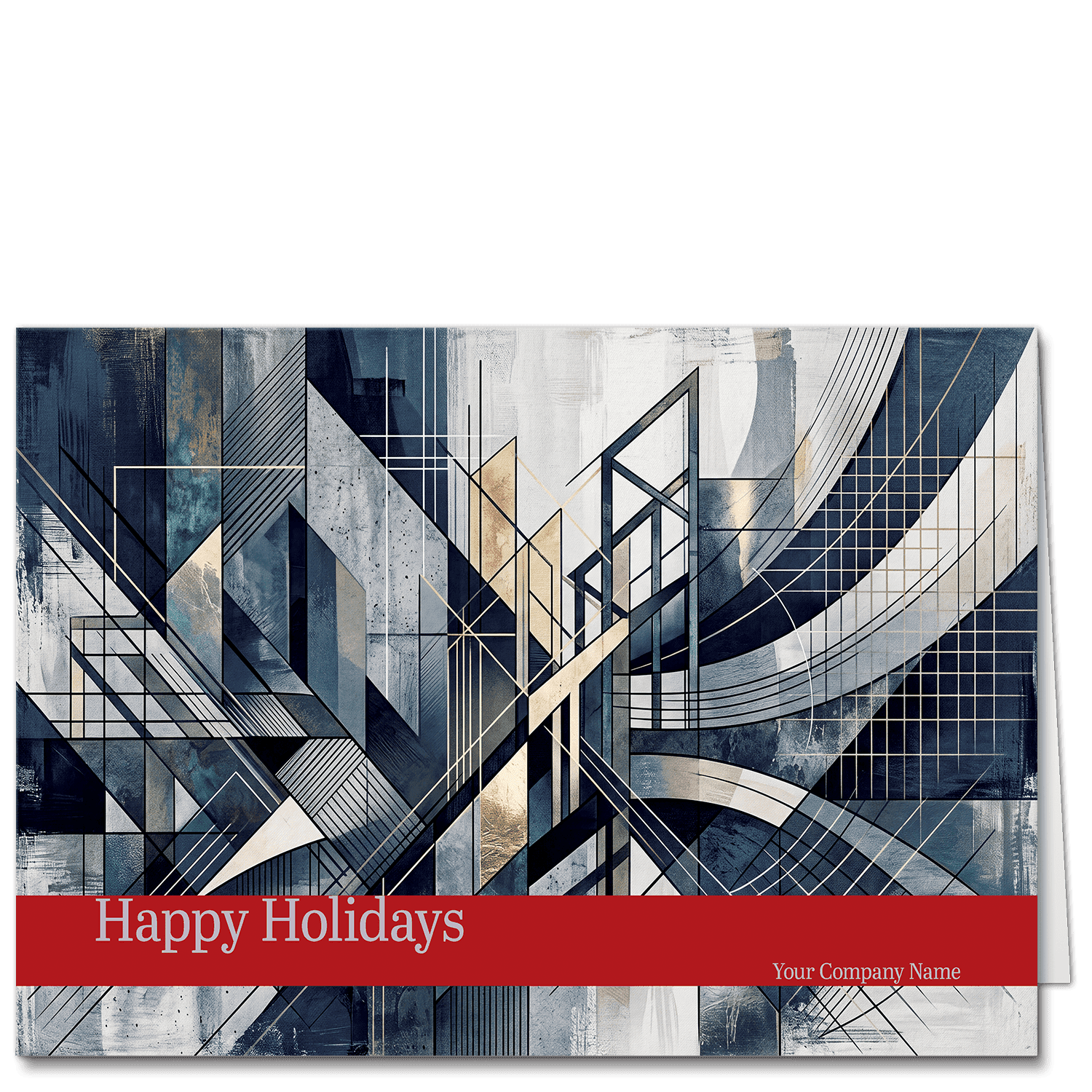 Architecture holiday cards feature an abstract design reminiscent of a city scene in shade of grey and umber. A rich red band features your choice of holiday greeting and company name on the card front.