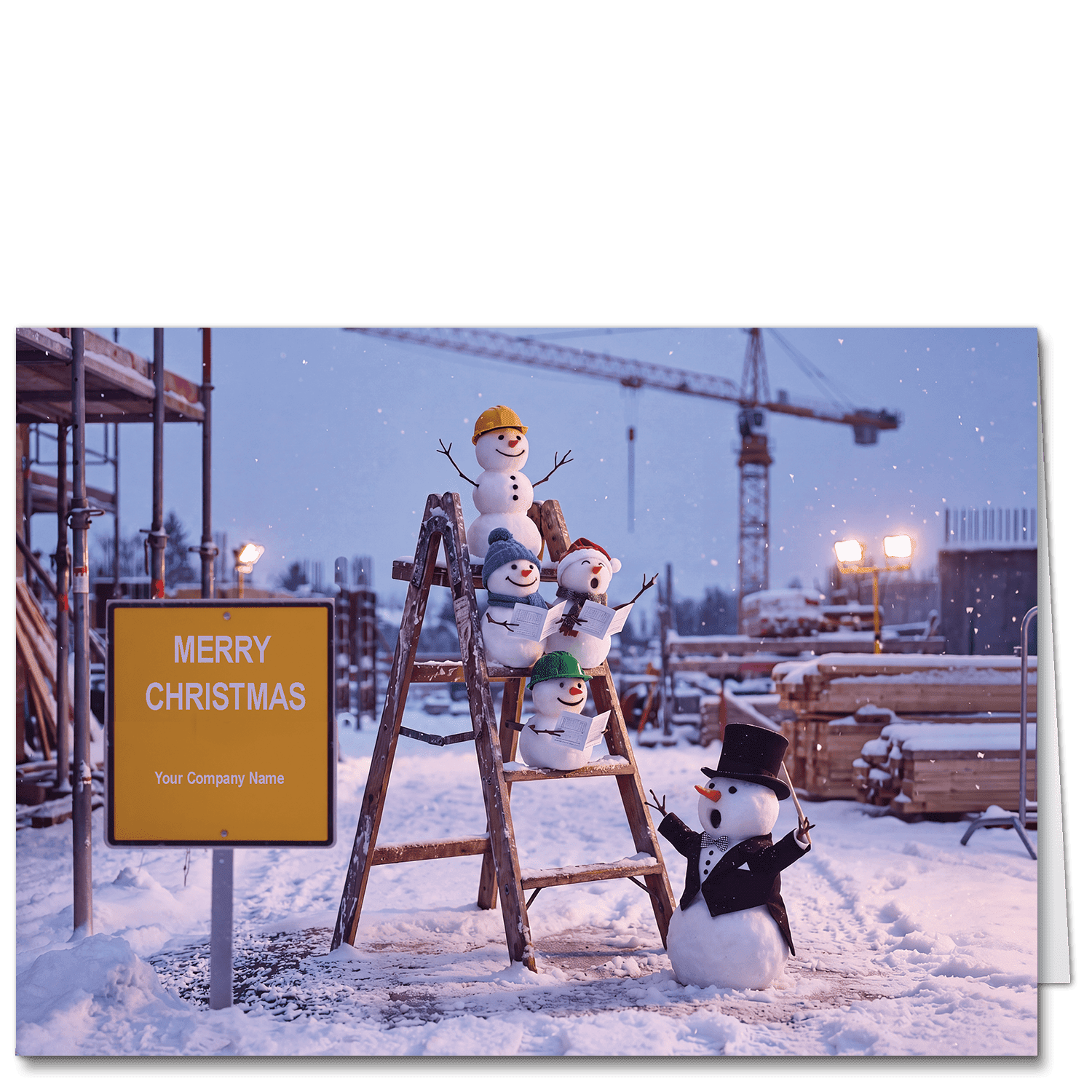 These engineering Christmas cards have a happy little choir of snowmen singing on their job site. A sign displays your company name and Christmas greeting.