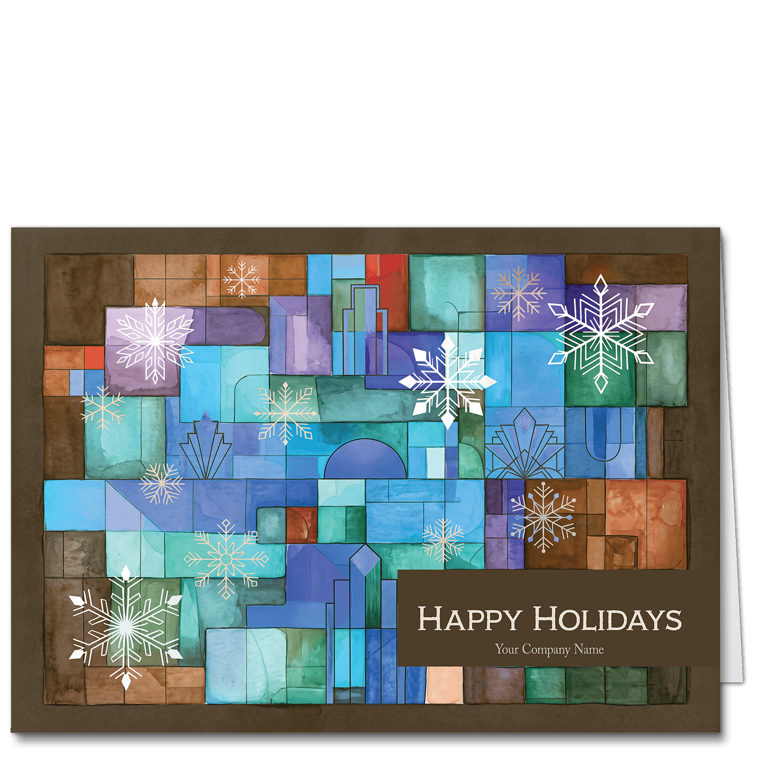 This corporate Christmas card features blue and green jewel tones in an abstract pattern surrounded by a rich brown border. Delicate white snowflakes and your choice of greeting and company name are featured prominently on the card front.