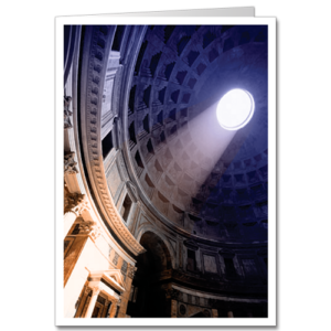 an elegant holiday greeting card with an image of light streaming through the dome of the pantheon in rome