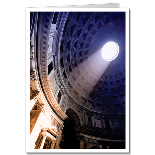 an elegant holiday greeting card with an image of light streaming through the dome of the pantheon in rome