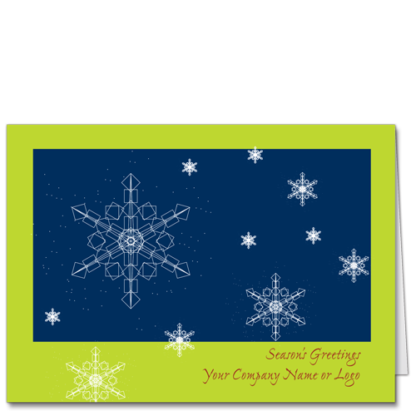 Technology Holiday Cards image featuring a dark blue background with CAD drawn white snowflakes, bordered by a festive green frame.