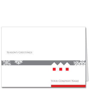 A modernist Architecture Christmas card with 3 red square design elements and grey band with snowflakes