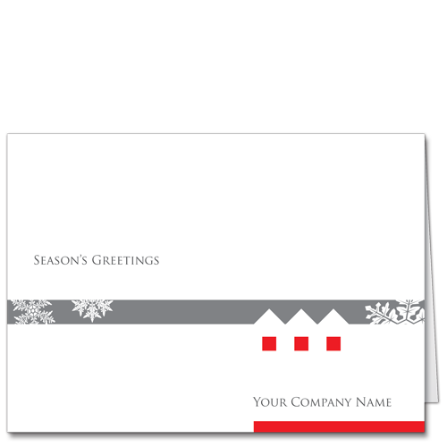 A modernist Architecture Christmas card with 3 red square design elements and grey band with snowflakes
