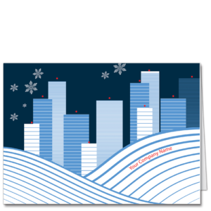 Business Holiday Cards: a customizable cityscape in shades of corporate blue.