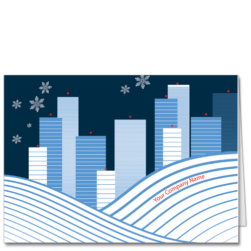 Business Holiday Cards: a customizable cityscape in shades of corporate blue.