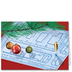 Engineering Christmas Cards with a pine bough and plumb bob hanging over civil engineering blueprints