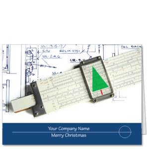 Engineering Christmas cards with slide rule, Christmas tree and company name