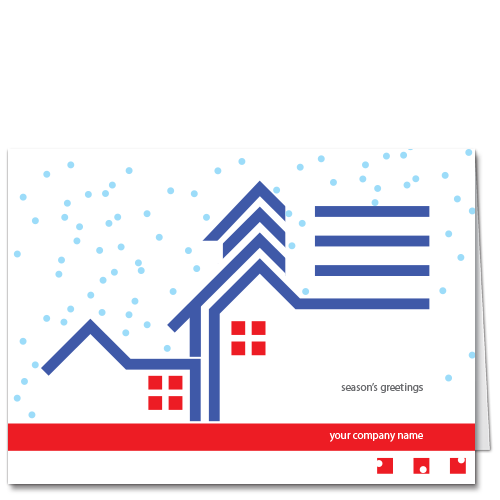 Architecture Holiday Cards Mixed Use Holiday 3503 A minimalist illustration of a snowy city scene, with red details.