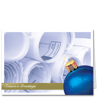 Blueprint Theme Architecture Holiday Cards Seasonal Plan Check 3517 Stacks of rolled up building plans and one shiny blue holiday bauble.