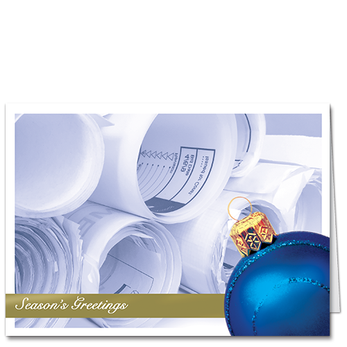 Blueprint Theme Architecture Holiday Cards Seasonal Plan Check 3517 Stacks of rolled up building plans and one shiny blue holiday bauble.