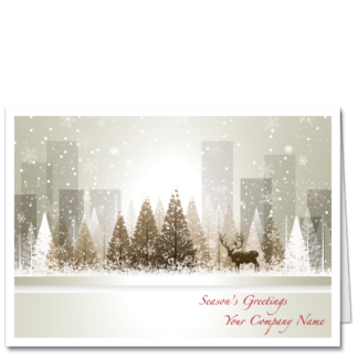 Corporate Holiday Card Depicting Frosty City Scene with Glowing Trees
