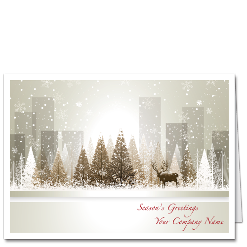 Corporate Holiday Card Depicting Frosty City Scene with Glowing Trees
