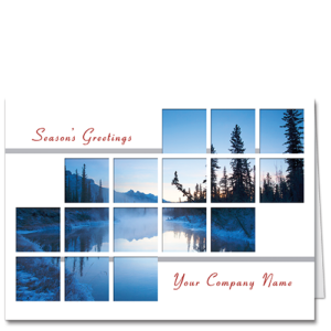 Business Holiday Cards: a crisp, white card with a 'window' on a serene, snowy landscape.