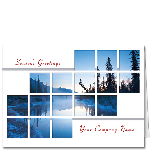 Business Holiday Cards: a crisp, white card with a 'window' on a serene, snowy landscape.